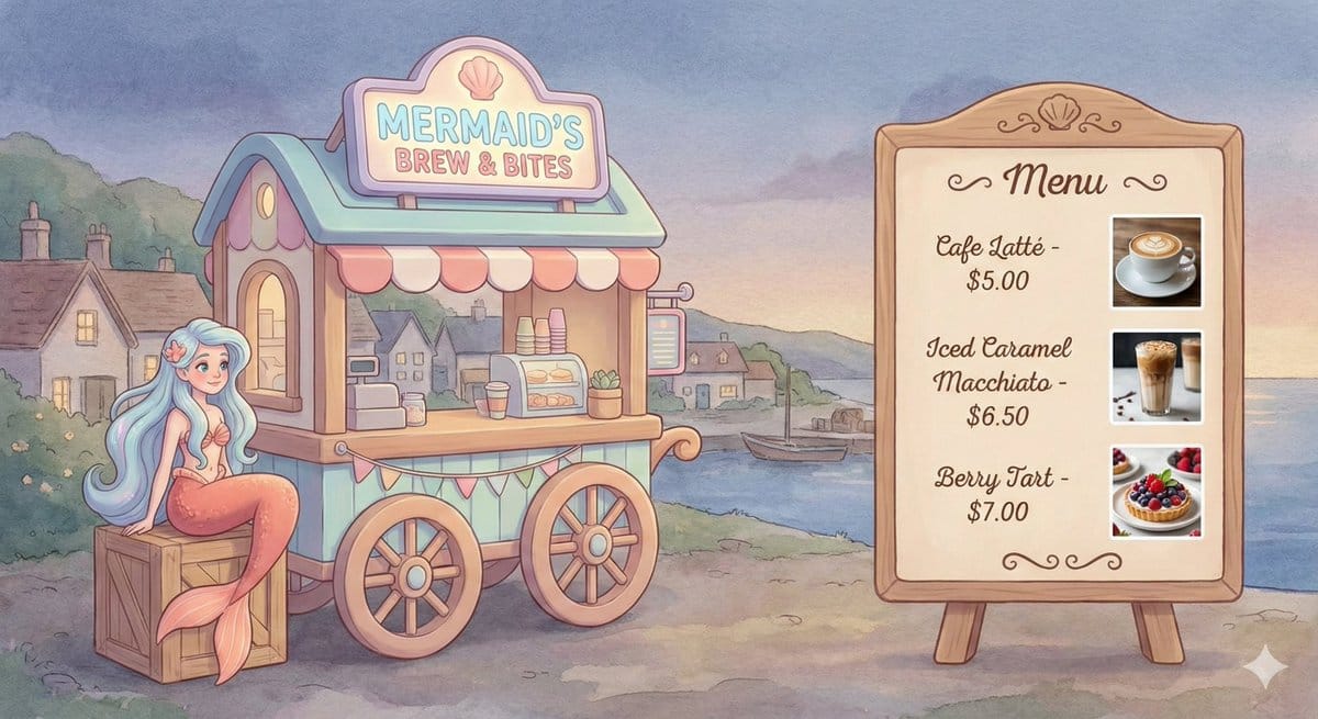 Dreamy Mermaid Café Illustration with Menu Display - Prompt IA