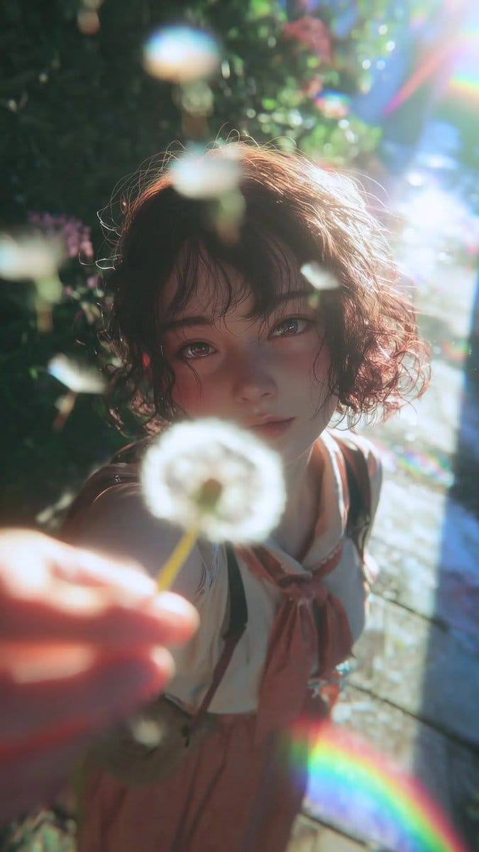 Dreamy Semi-Realistic Anime Portrait of a Girl with a Dandelion - AI Prompt