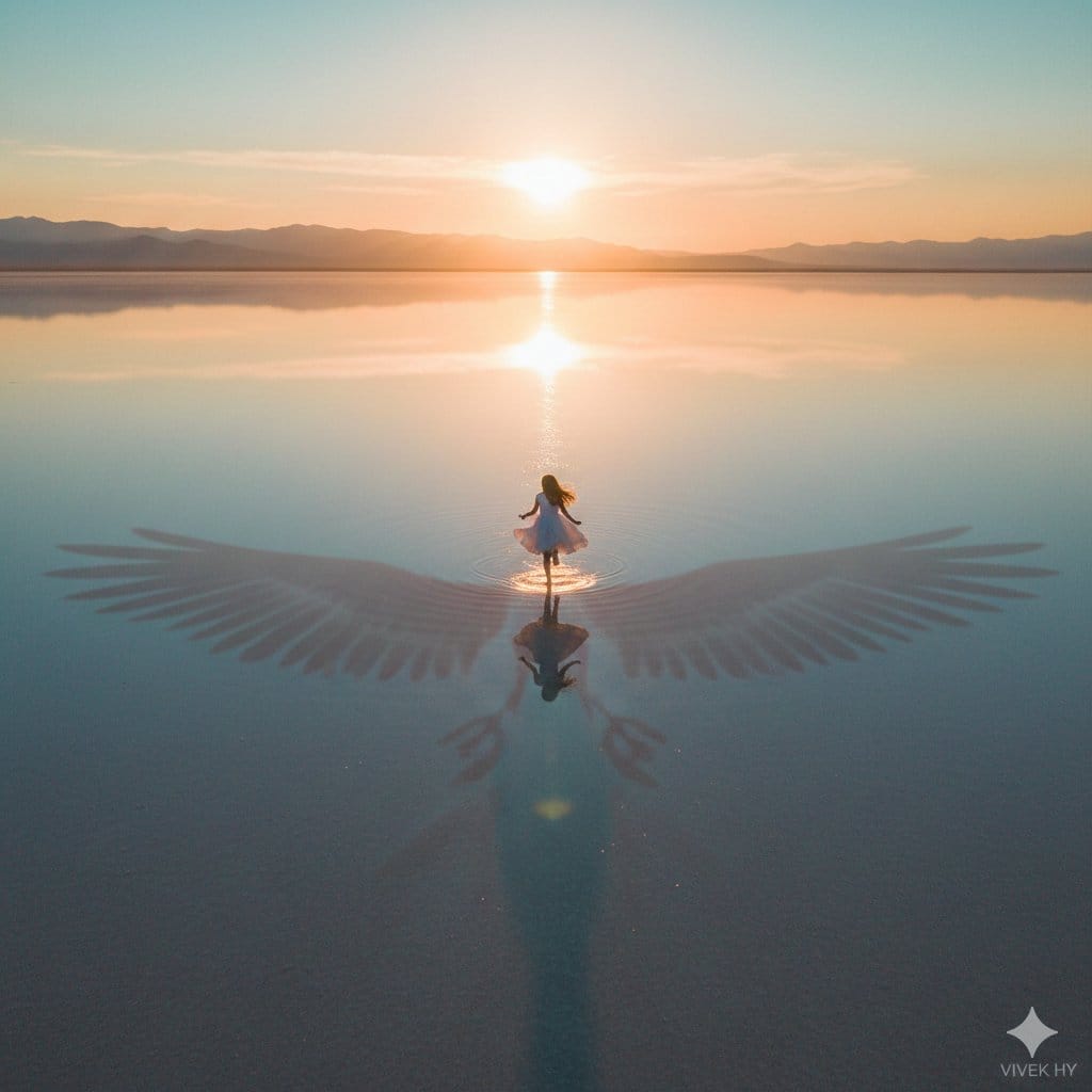 Dreamy Sunrise Scene with Symbolic Shadow - AI Prompt