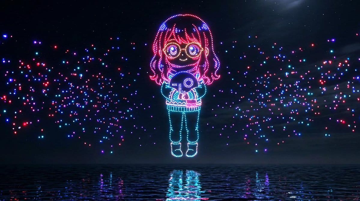 Drone Art Character Projection over Night Sea - Prompt IA