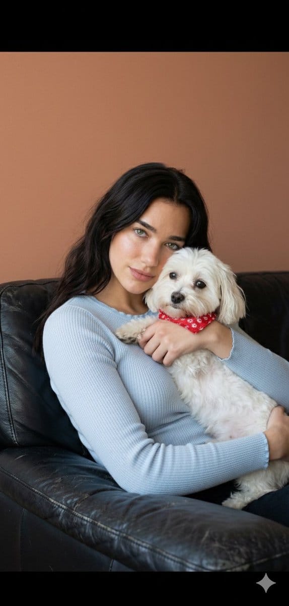 Dua Lipa Cozy Portrait with Maltese Dog Prompt - AIプロンプト