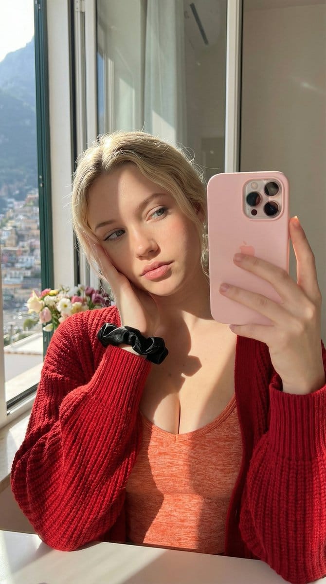 Dual Mirror Selfie Prompts (Red vs. Yellow Cardigan) - KI-Prompt