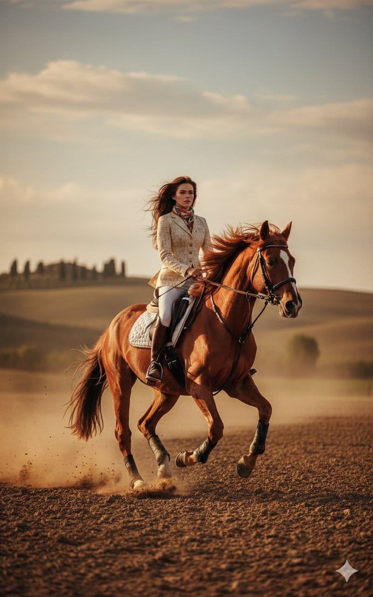 Dynamic Equestrian Model in Tuscan Fields at Golden Hour - AI Generated Realistic Style Image Example