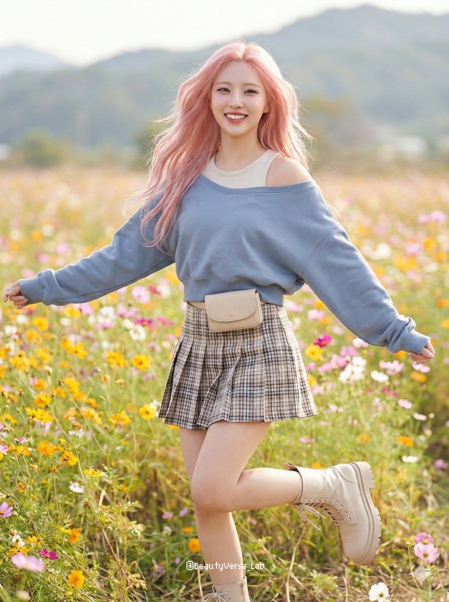 Dynamic K-Pop Idol Running in a Flower Field - AI提示词
