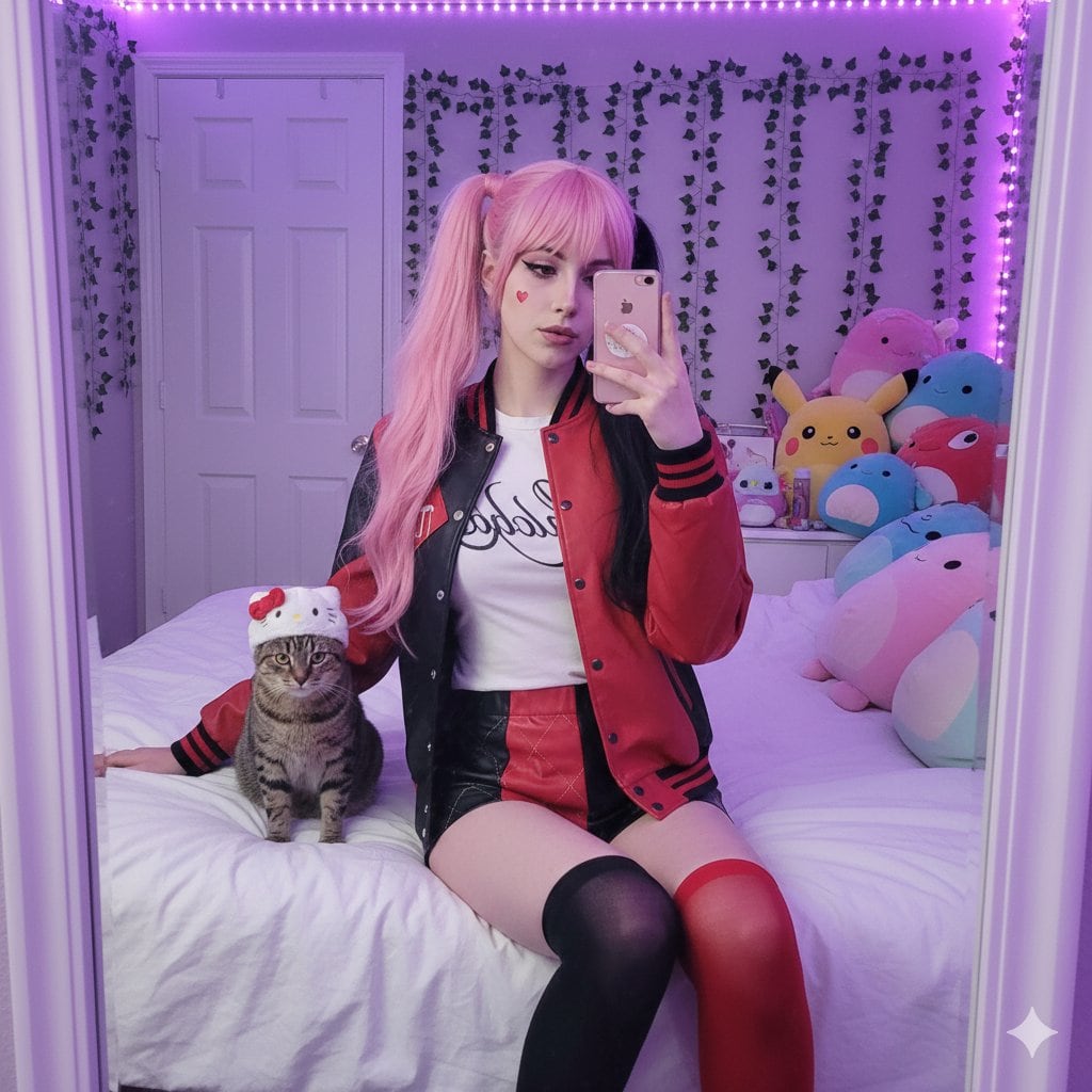 E-Girl Mirror Selfie with Cat Prompt - AI Generated AI Art Style Image Example