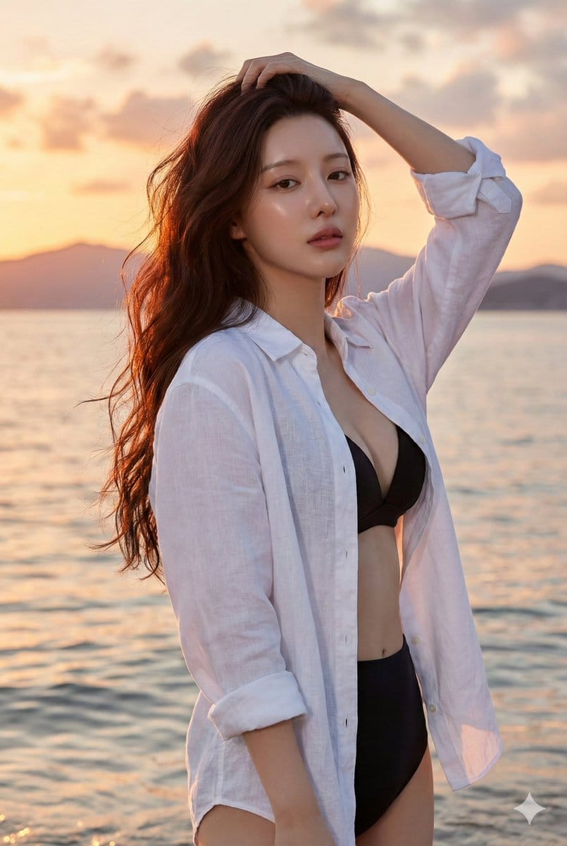 East Asian Woman Beach Portrait at Sunset - AI提示词