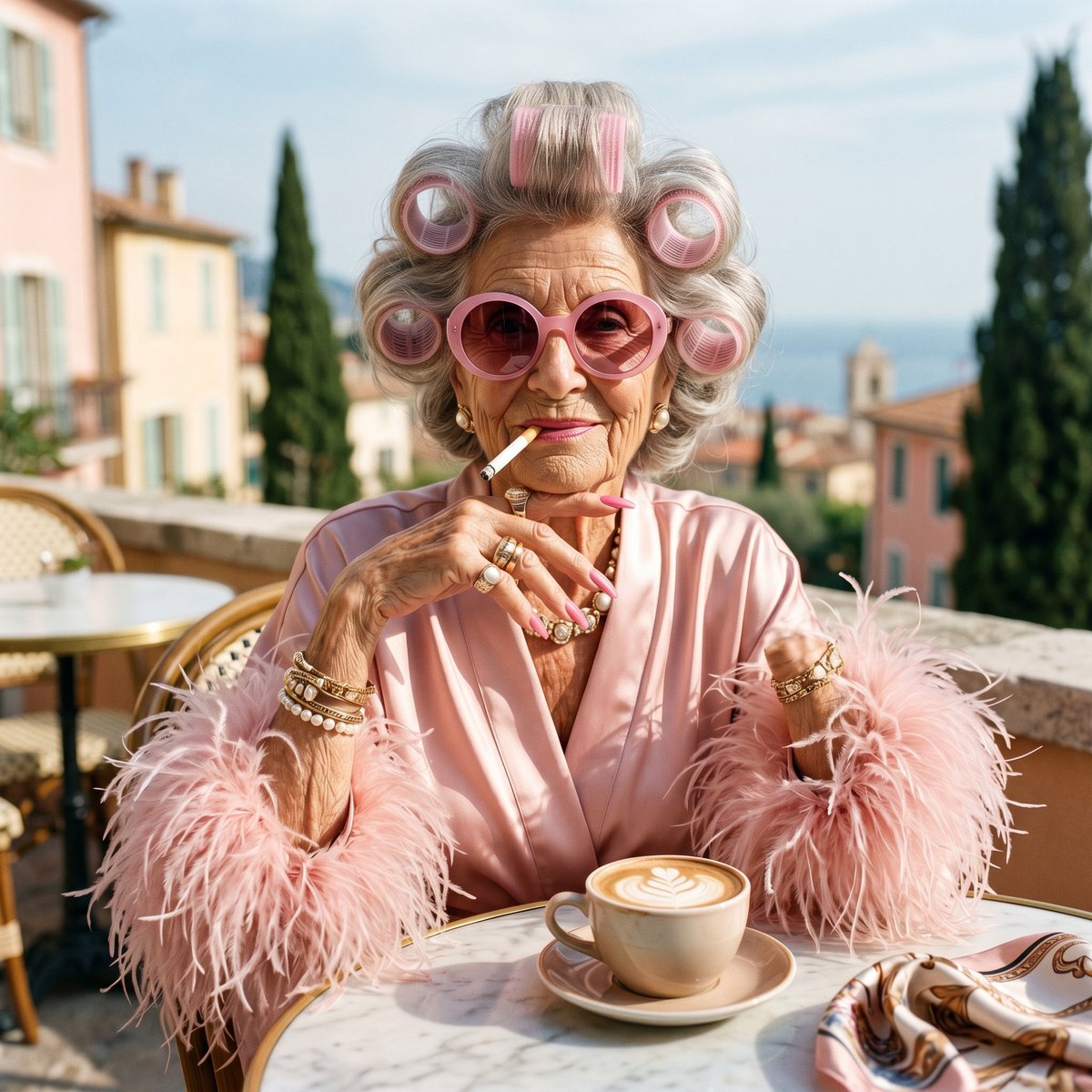 Preview image for Eccentric Elderly Woman Cafe Portrait prompt