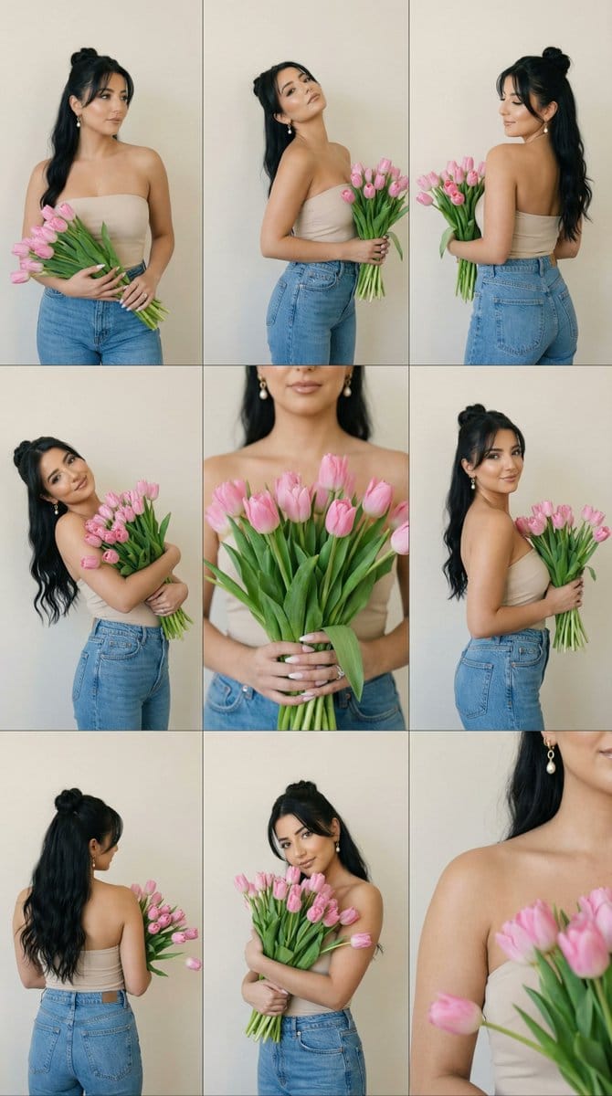 Preview image for Editorial Contact Sheet Prompt: Woman with Pink Tulips prompt