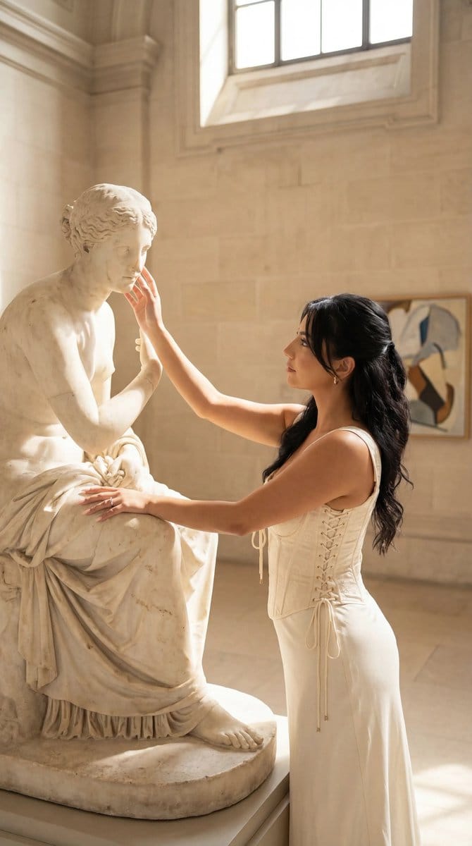 Editorial Portrait in Museum with Classical Statue - AI 프롬프트