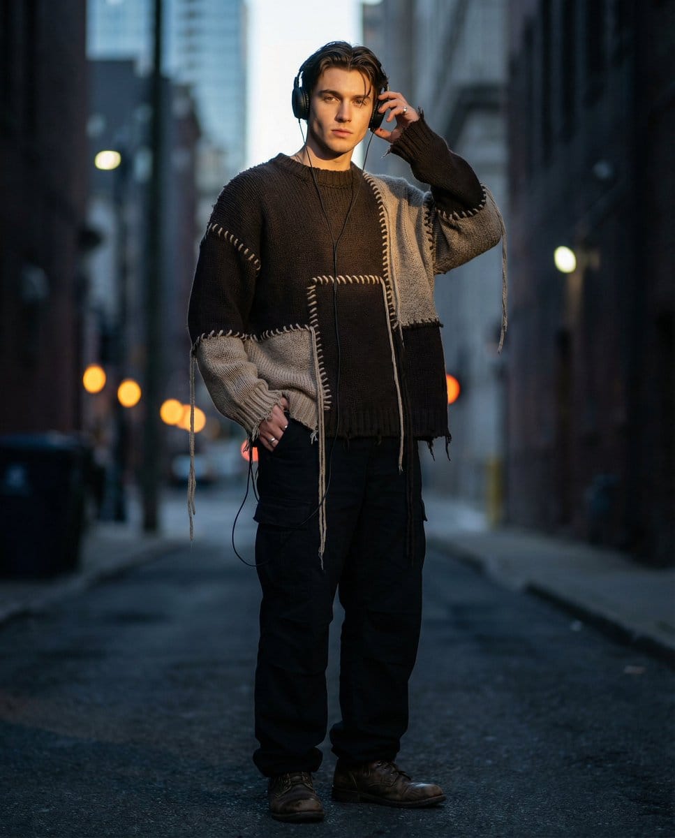 Editorial Street Fashion Portrait with Patchwork Knitwear - AI Generated Character Style Image Example