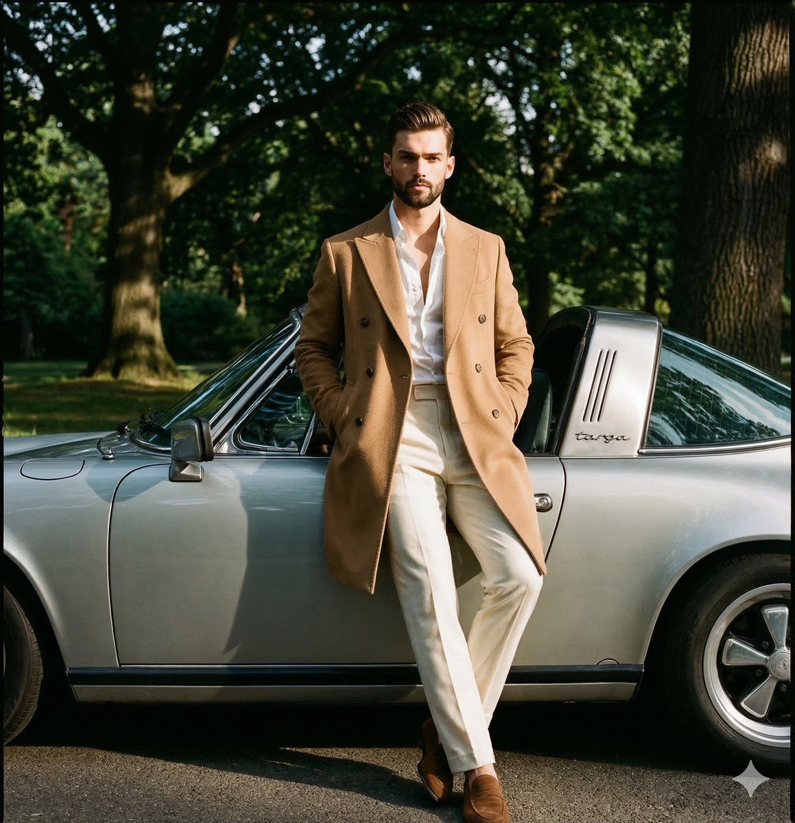 Preview image for Editorial Photograph of a Man with a Vintage Porsche prompt
