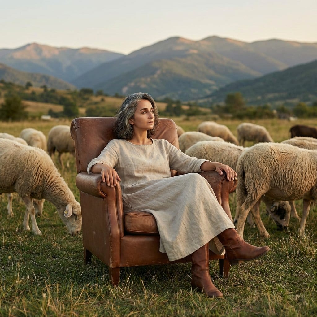 Editorial Photography of Woman in Armchair with Sheep - AI Prompt