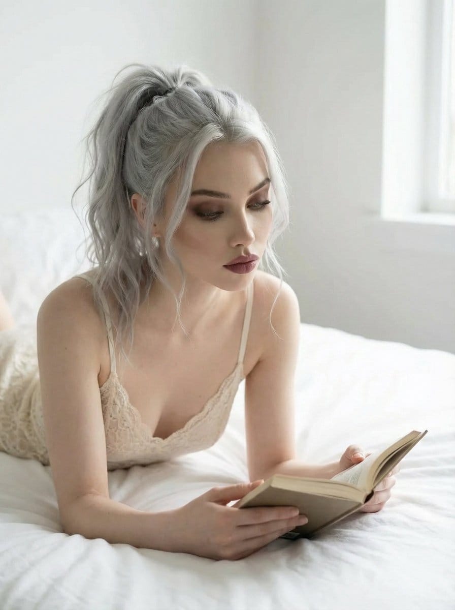 Editorial Portrait of Woman Reading on White Bed - KI-Prompt