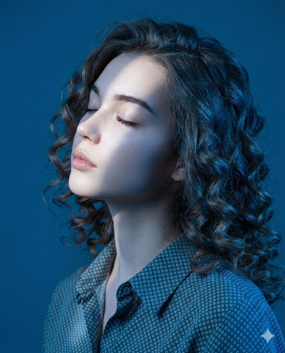 Editorial Profile Portrait in Dramatic Blue Light - AI Prompt