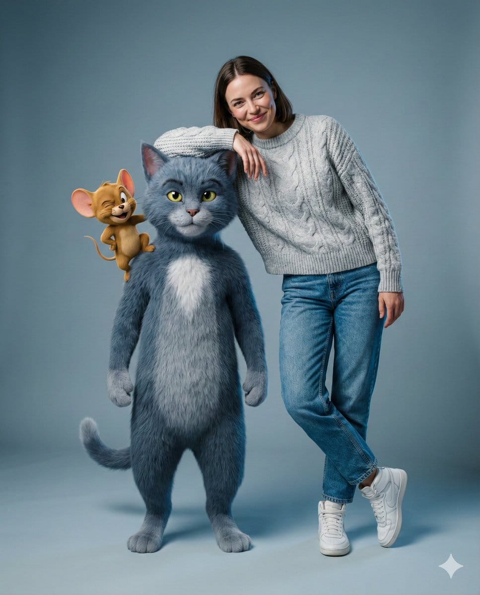 Editorial Studio Photography of Tom & Jerry with Human - نص توجيهي للذكاء الاصطناعي