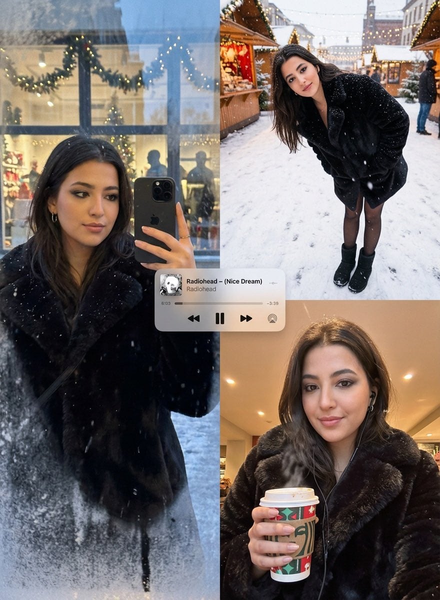 Editorial Winter Poster Collage with Strict Face Preservation - AI 프롬프트
