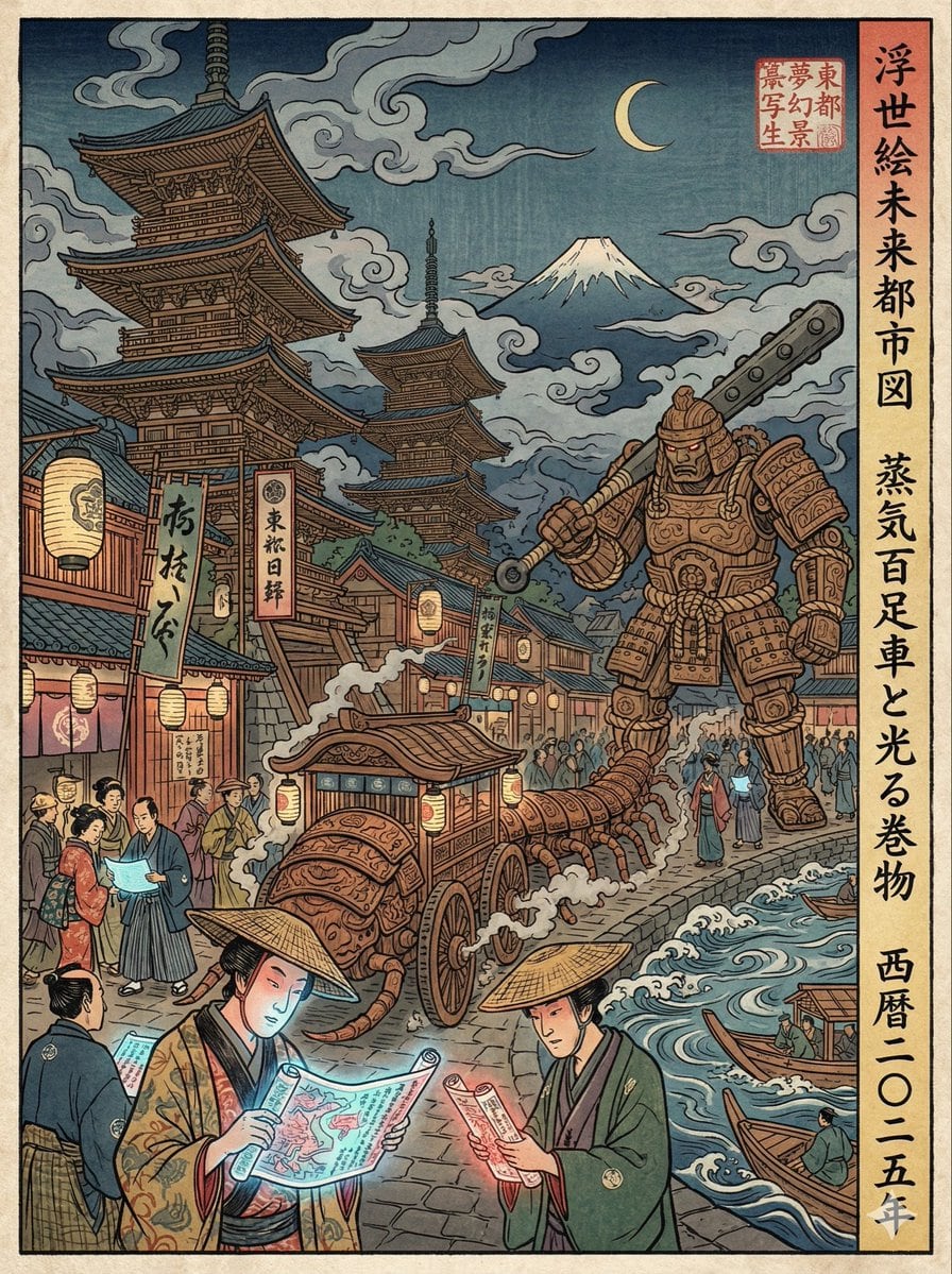 Edo-period Ukiyo-e reinterpretation of a modern scene - AI Generated Abstract Style Image Example
