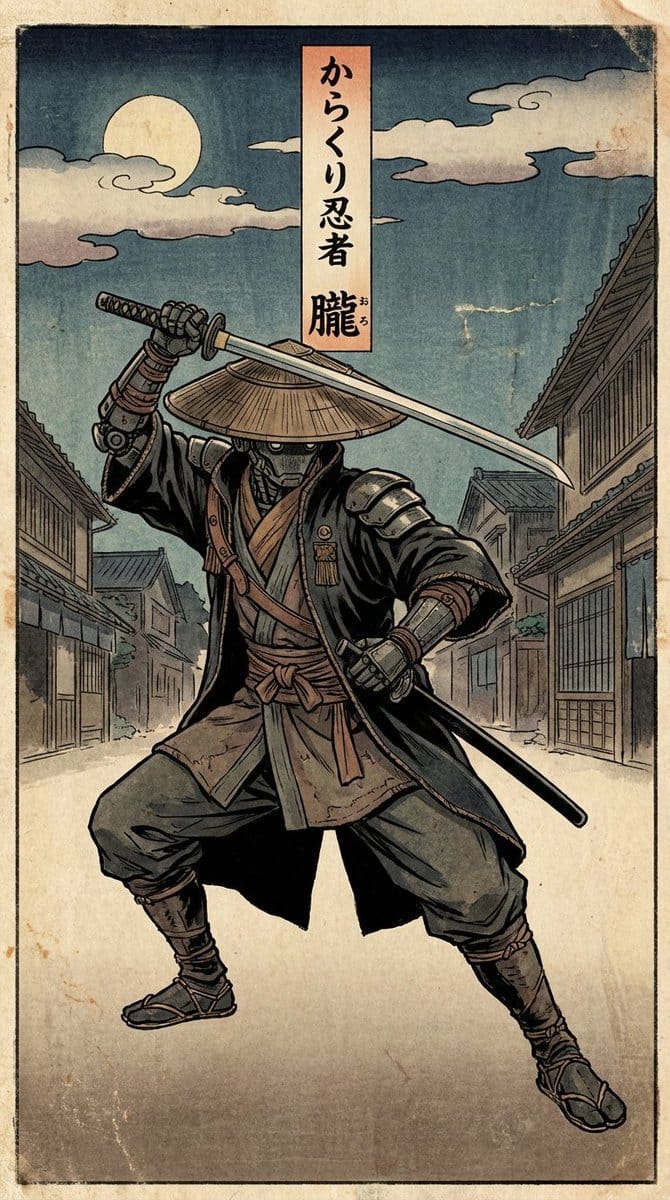 Edo-style woodblock print ninja character - Prompt IA