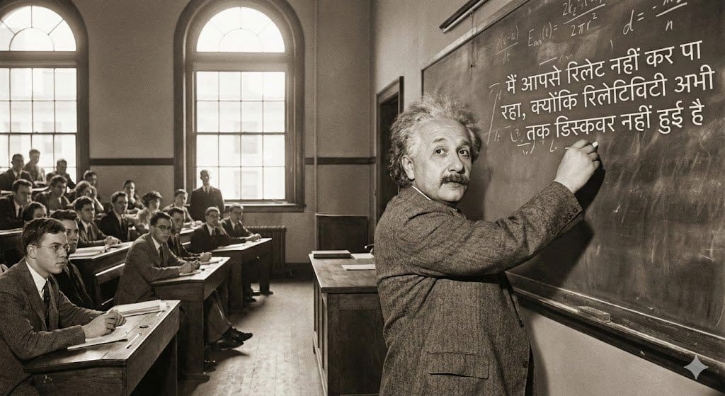 Einstein teaching at MIT with Hindi joke text - AI Generated Realistic Style Image Example