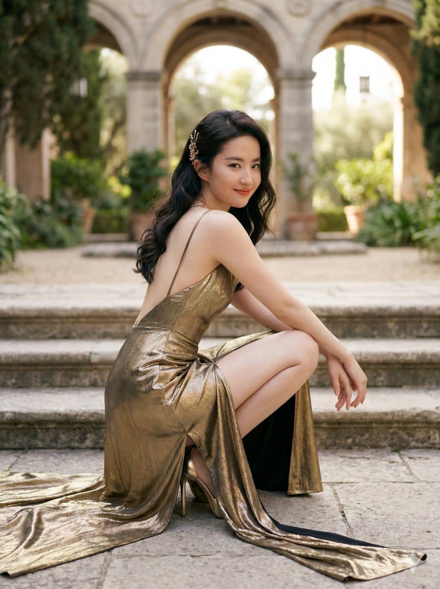 Elegant Outdoor Portrait in Gold Evening Gown
