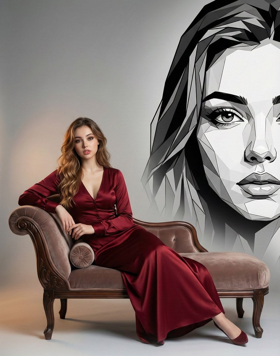 Elegant Portrait with Geometric Mural Contrast - AI 프롬프트