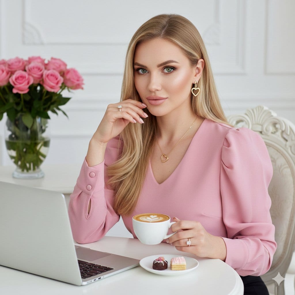 Elegant Professional Portrait with Coffee and Roses Prompt - AI Generated Character Style Image Example