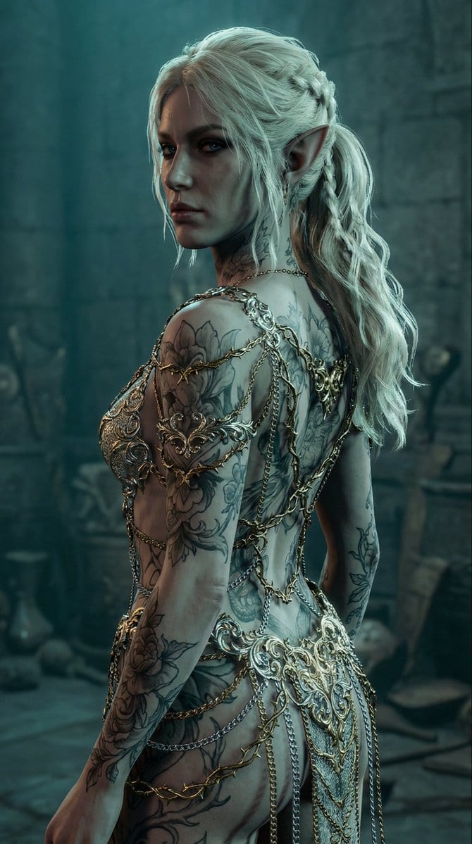 Elven Woman with Ornate Chain Dress - AI提示词