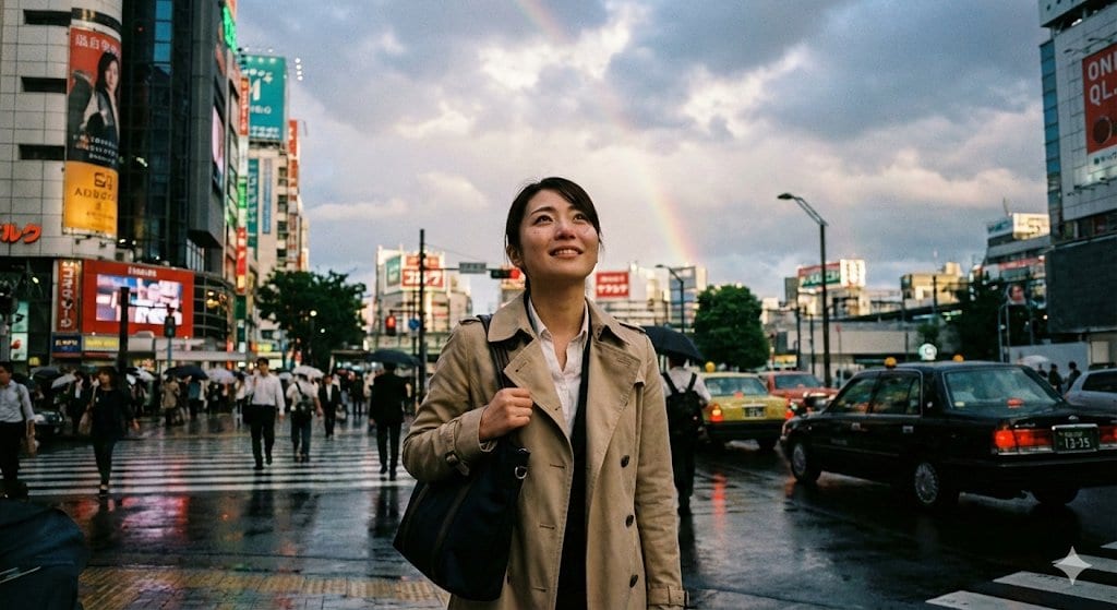 Emotional Snapshot of a Woman in Rainy Tokyo - AI Generated AI Art Style Image Example