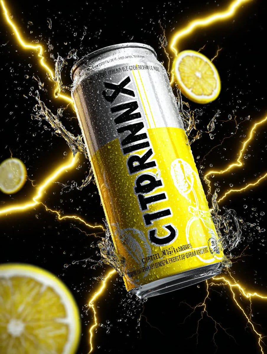 Energy Drink Can with Green Apple Splash and Neon Lightning - AI Generated AI Art Style Image Example