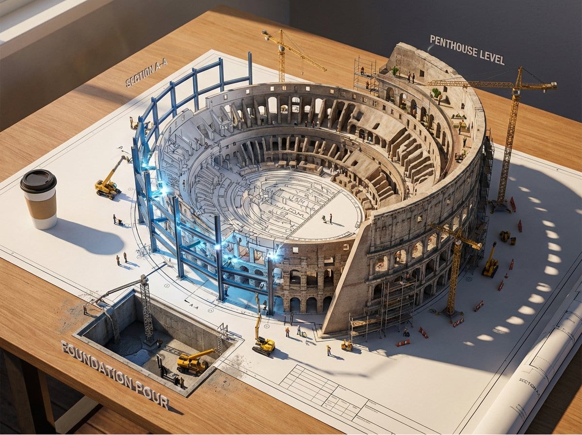 Epic 3D Architectural Blueprint Awakening Scene - AI Generated Realistic Style Image Example