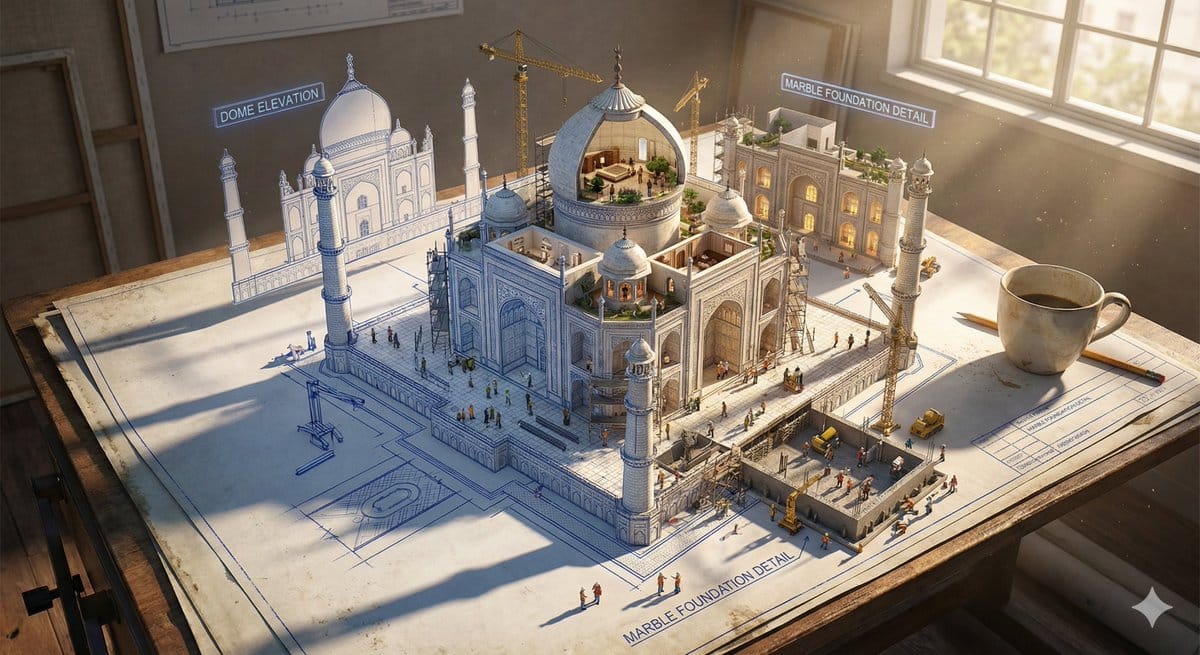 Epic 3D Architectural Blueprint Construction Scene - AI Generated Realistic Style Image