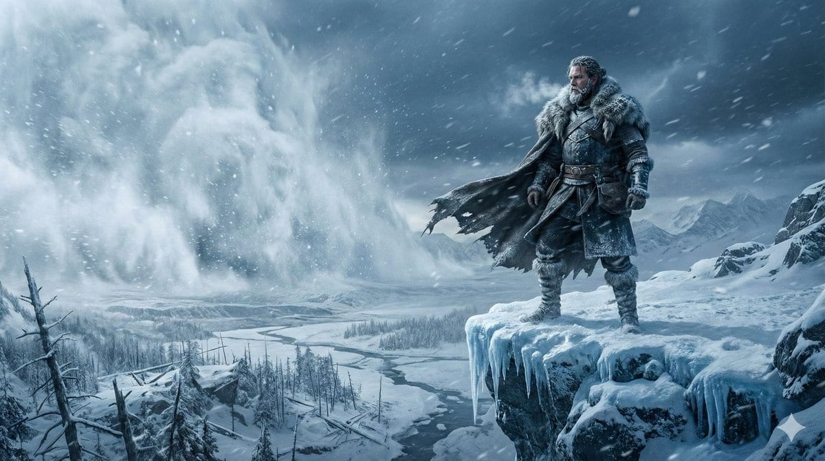 Epic Frozen Cliff Warrior Scene - Промпт ИИ