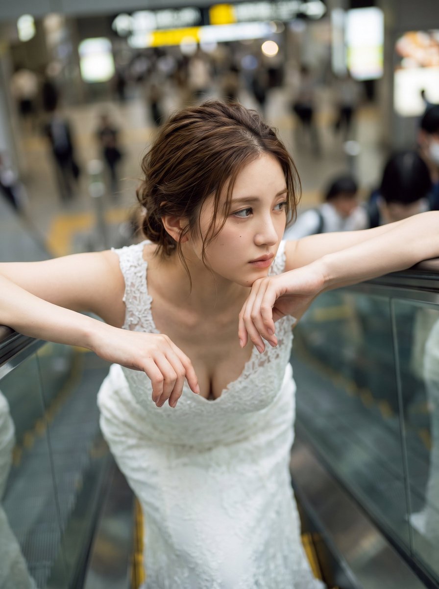 Preview image for Escalator Dreaming Bride in Osaka Station prompt