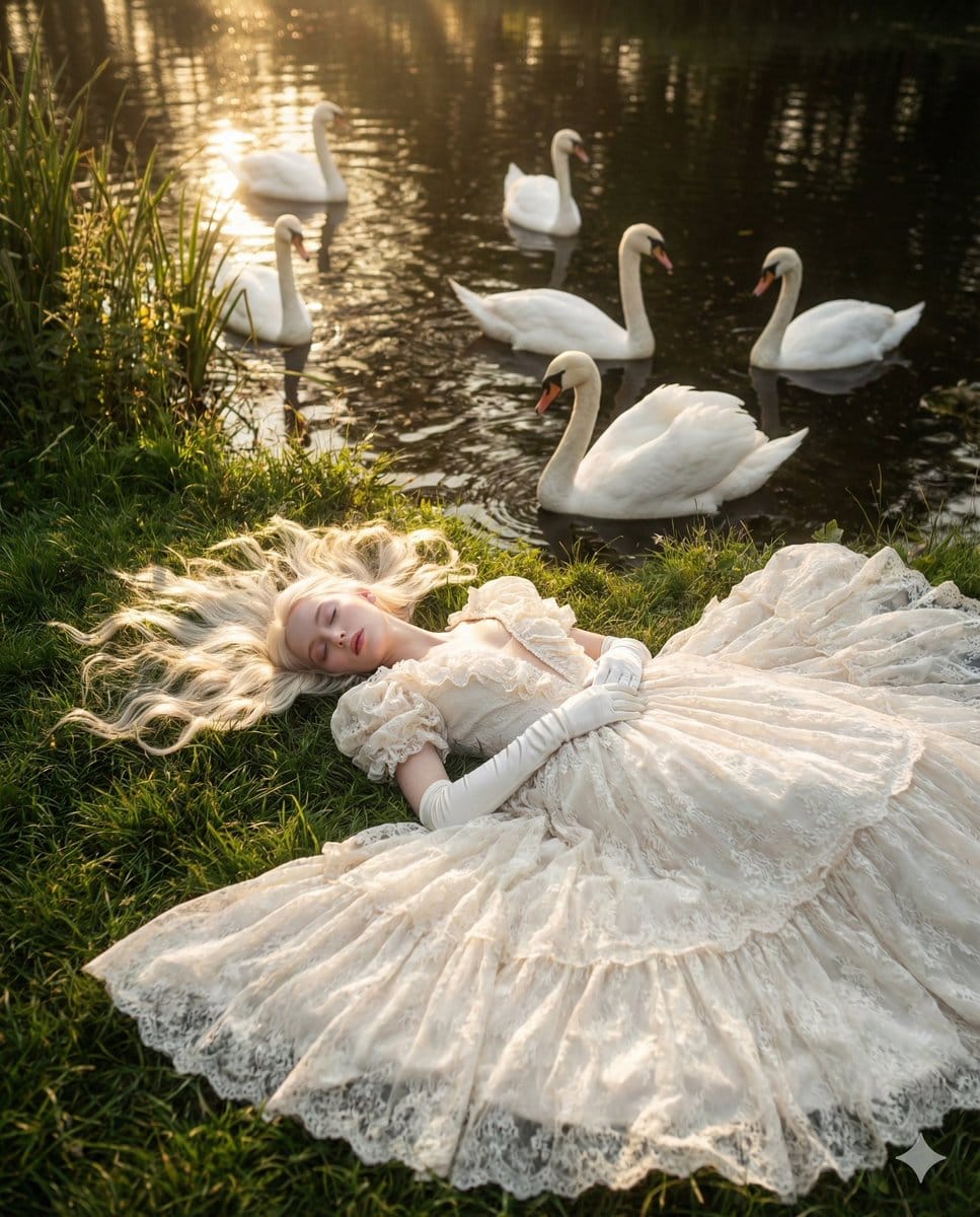 Ethereal Fantasy Portrait with Swans and Golden Hour Light - AI提示词