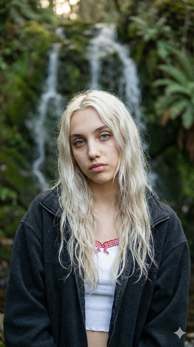 Ethereal Waterfall Selfie Portrait with Natural Imperfections - KI-Prompt