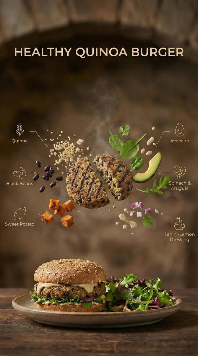 Preview image for Exploded View Quinoa Burger Commercial Photography Prompt prompt