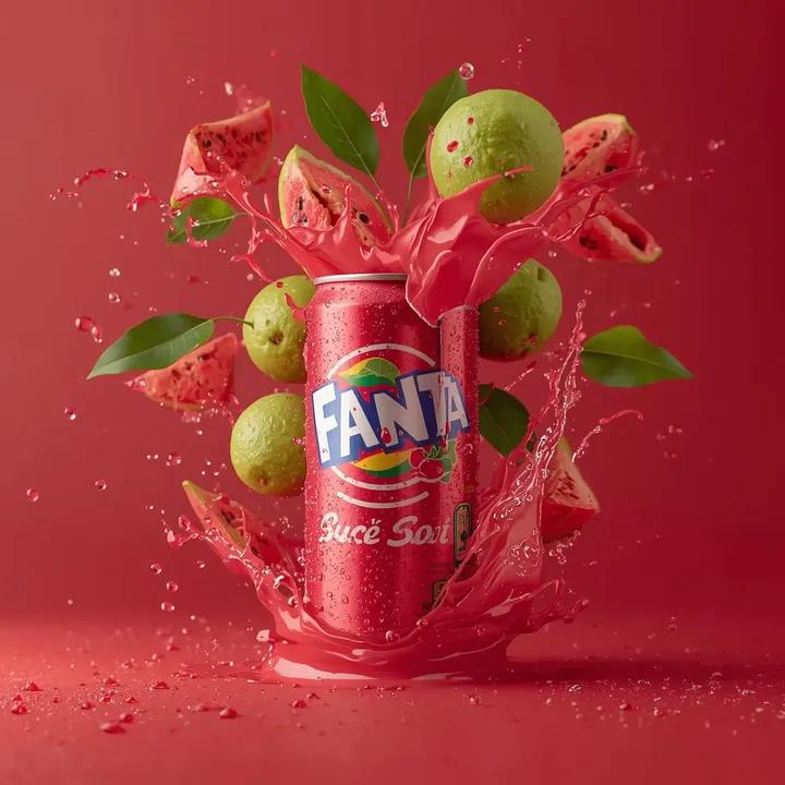 Exploding Fanta Goiaba Soda Can Product Shot - AI 프롬프트