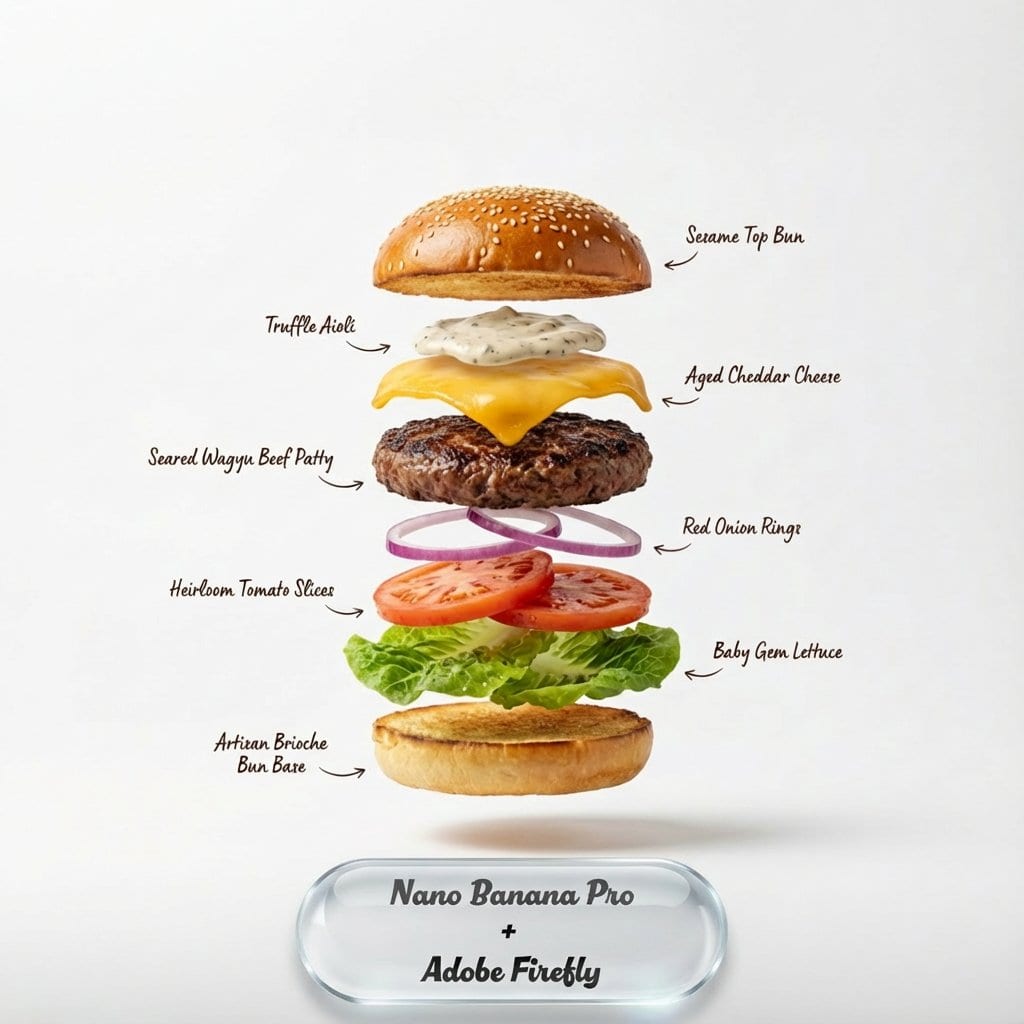 Exploding food photography prompt for Nano Banana Pro - AI Generated Realistic Style Image Example