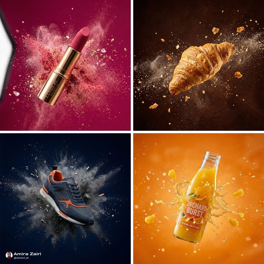 Explosive Mid-Air Product Shot - AIプロンプト
