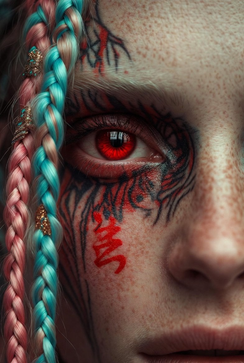 Extreme Close-Up Cinematic Portrait with Tattoos and Red Eye - AI 프롬프트