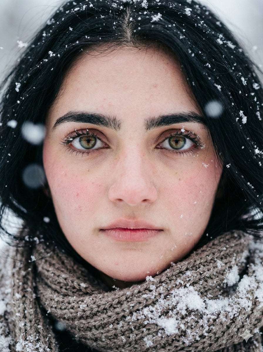 Extreme Close-up Winter Portrait (Rukmini Vasanth) - KI-Prompt