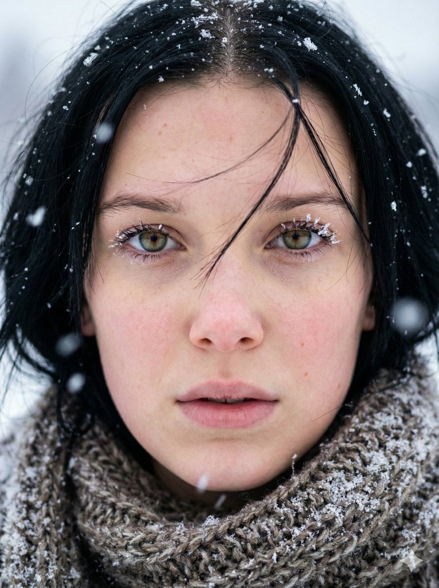 Extreme Close-up Winter Portrait (Sadie Sink/Millie Bobby Brown) - KI-Prompt