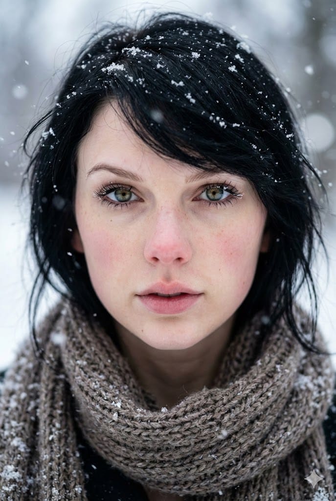 Extreme Close-Up Winter Portrait with Snow - KI-Prompt