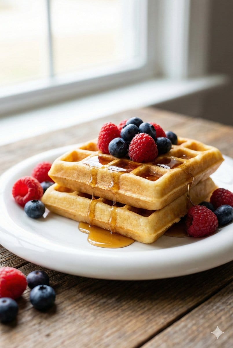 Preview image for Eye-Level Belgian Waffles Food Photography Prompt prompt