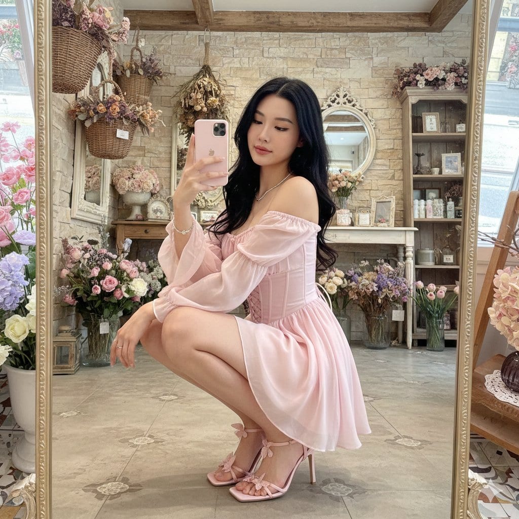 Fairy-Core Mirror Selfie in Floral Cafe (Structured) - AI Generated Realistic Style Image Example