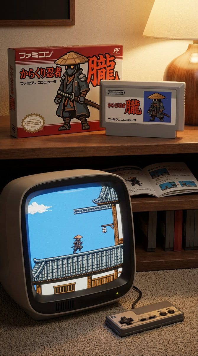 Famicom game box, cartridge, manual, and CRT screen (Japanese) - AI Generated Character Style Image Example
