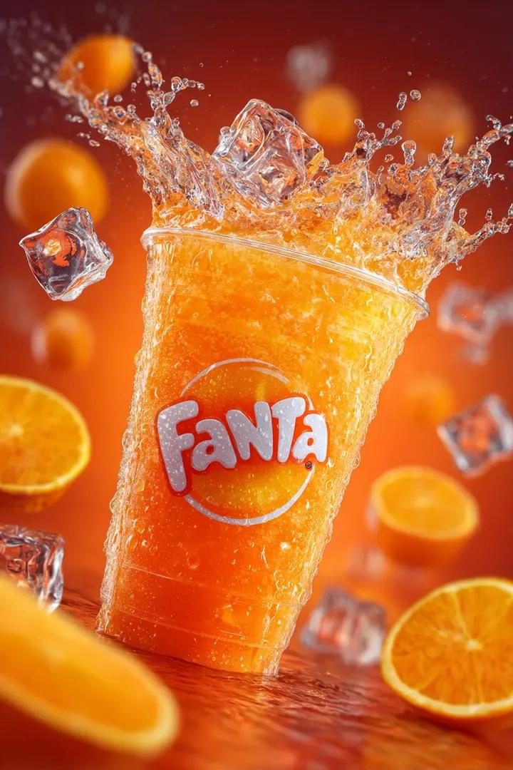 Preview image for Fanta Soda Product Photography with Splashes prompt