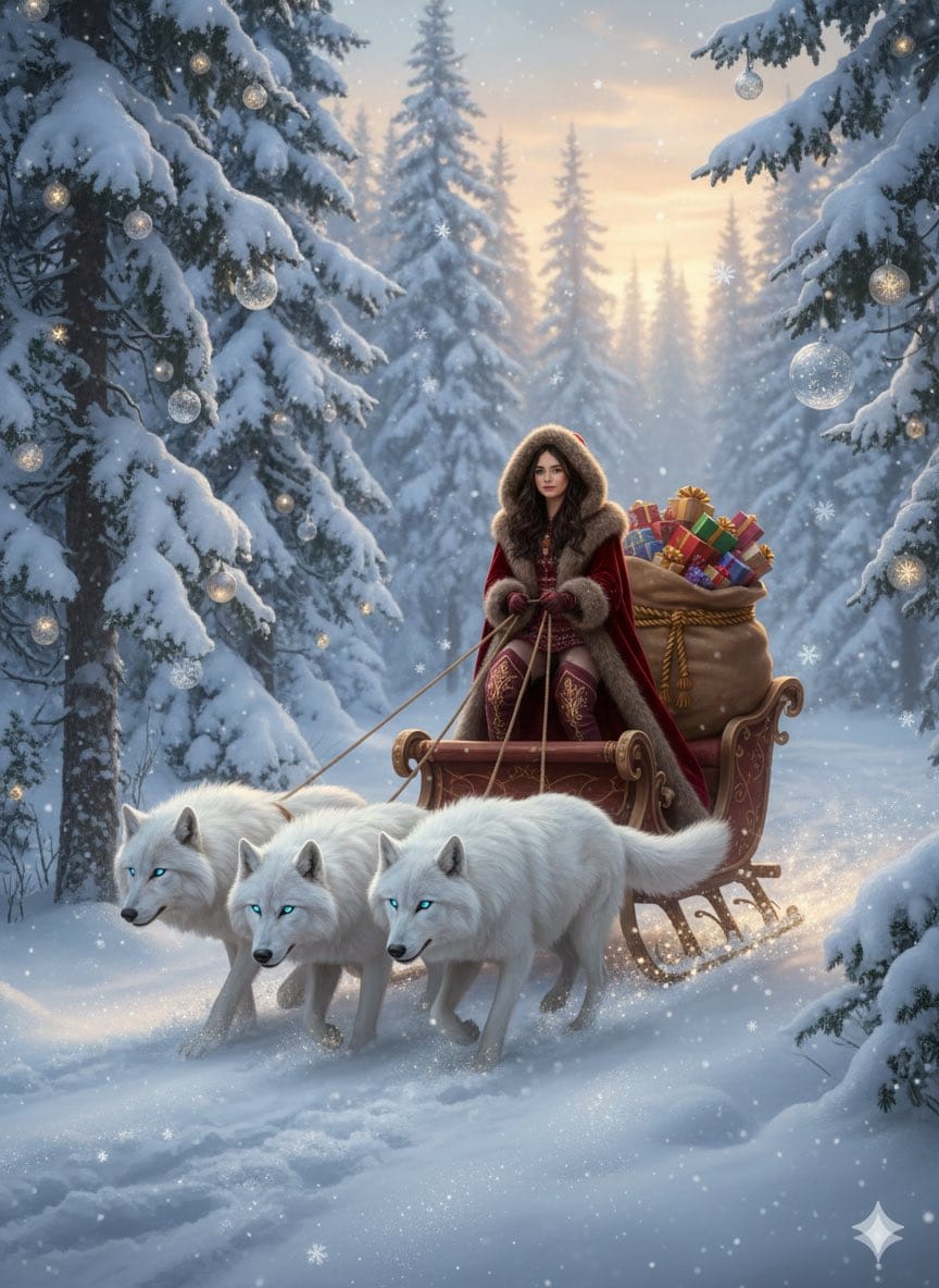 Fantasy Christmas Sleigh Pulled by Wolves - AI Generated Landscape Style Image Example