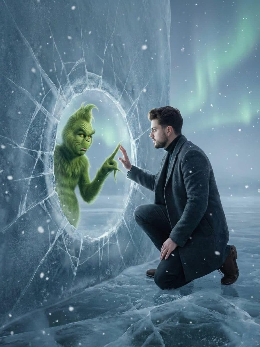 Fantasy Scene: Man and Grinch Reflection - AI提示词