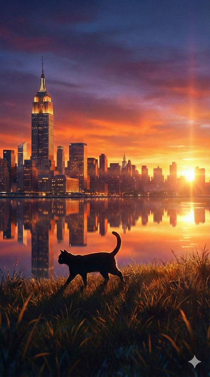Preview image for Fantasy Sunset Landscape with Black Cat Silhouette and City Reflection prompt
